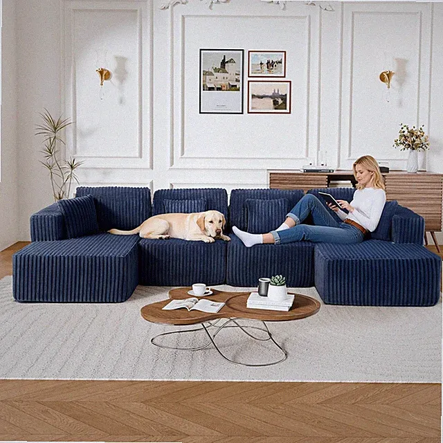 132" Blue U-Shaped Cloud Sectional Sofa with Chaise & Pillows