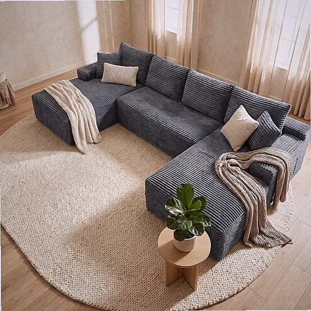 132 in Corduroy Sectional Sofa U-Shaped Modular Cloud Couch w/ 2 Pillows 6 Seats