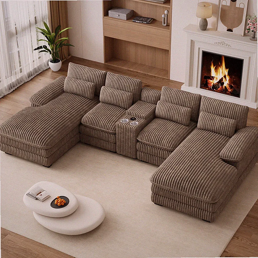 132 Inch Oversized U Shaped Sectional Sofa Corduroy Cloud Couch with USB Console