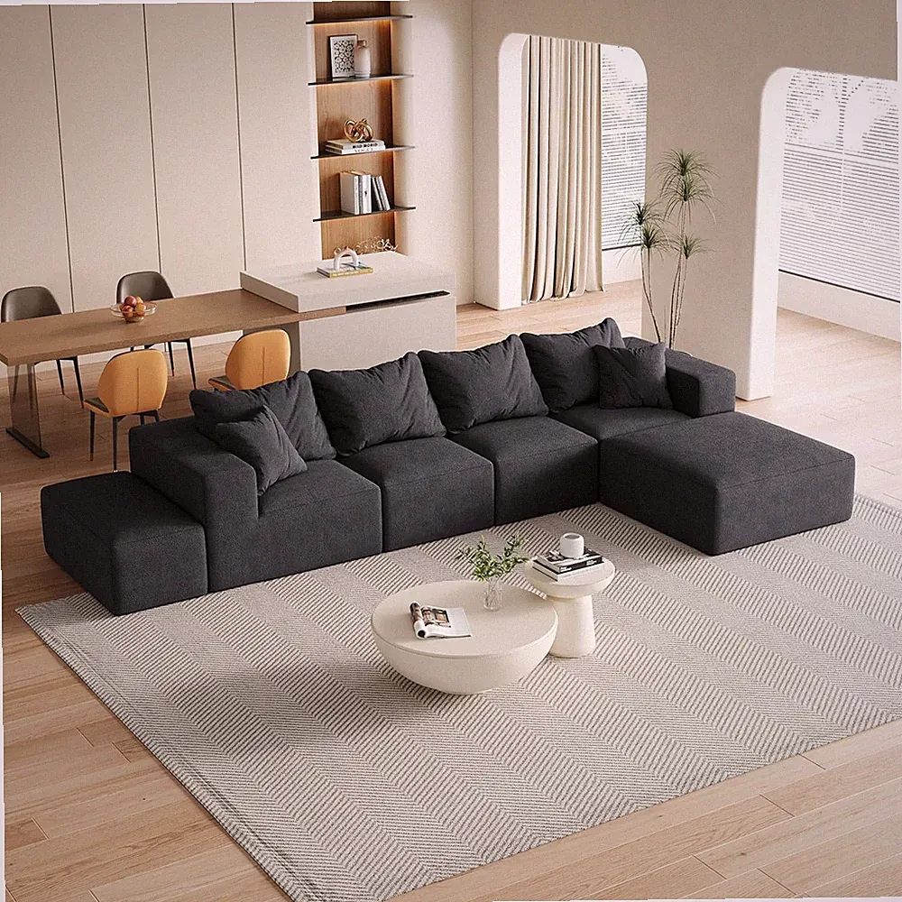 132" L-Shaped Boneless Sofa with Ottoman - Black Corduroy Sectional Couch