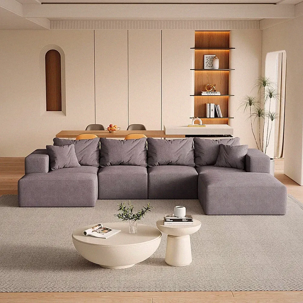 132" L-Shaped Gray Corduroy Sectional Sofa with Ottoman