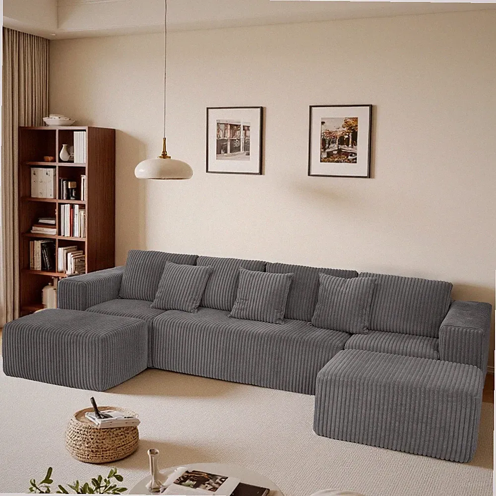 132" Modular U-Shaped Sectional, Gray Striped Corduroy, Reversible Chaise