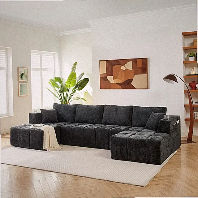 132" U-Shaped Boneless Sofa Chenille Sectional Sofa Modern Upholstered Couch