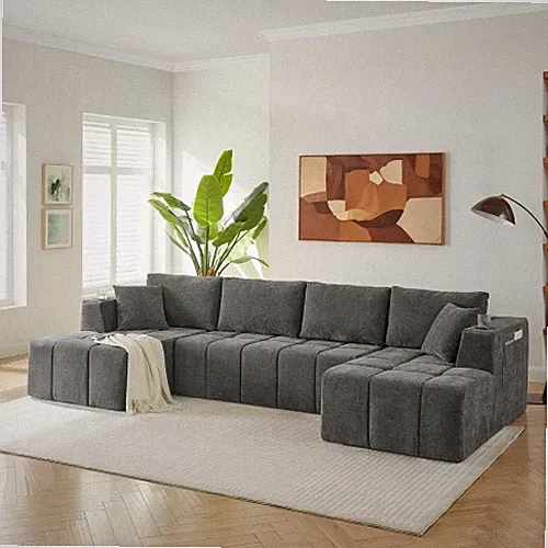 132" U-Shaped Boneless Sofa Chenille Sectional Sofa Modern Upholstered Couch