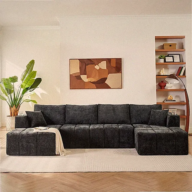 132" U-Shaped Chenille Sectional Sofa,Cloud Style Boneless Sofa w/Lounges,Mod