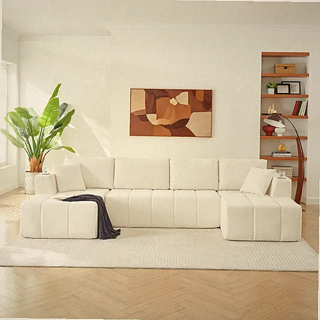 132" U-Shaped Chenille Sectional Sofa,Cloud Style Boneless Sofa w/Lounges,Moder
