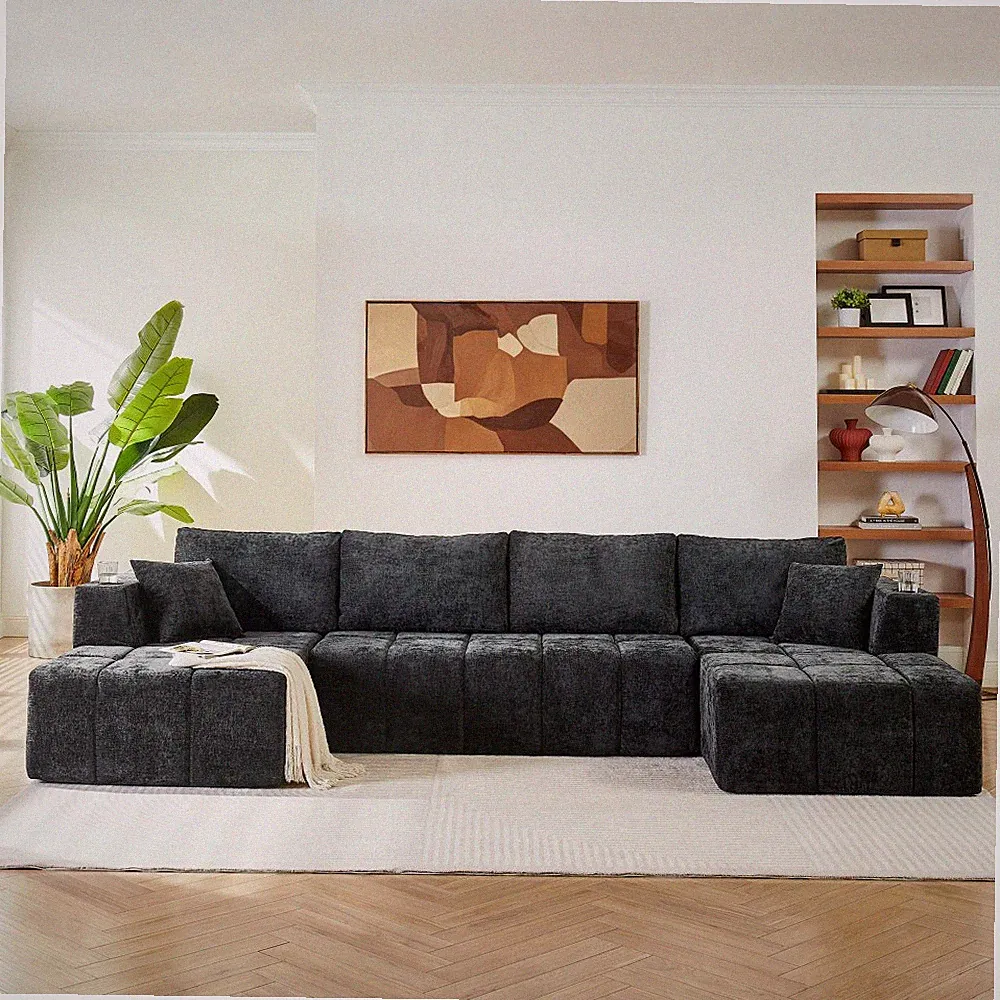 132" U-Shaped Chenille Sectional Sofa, Cloud Style Boneless Sofa with Lounges