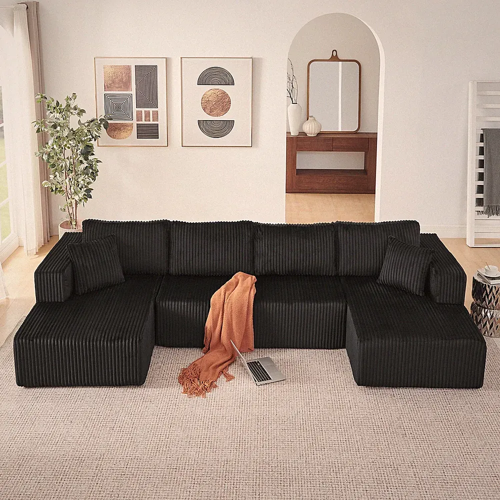 132" U Shaped Modular Sectional Sofa,Comfy Compressed Cloud Couch w/Side Pocket