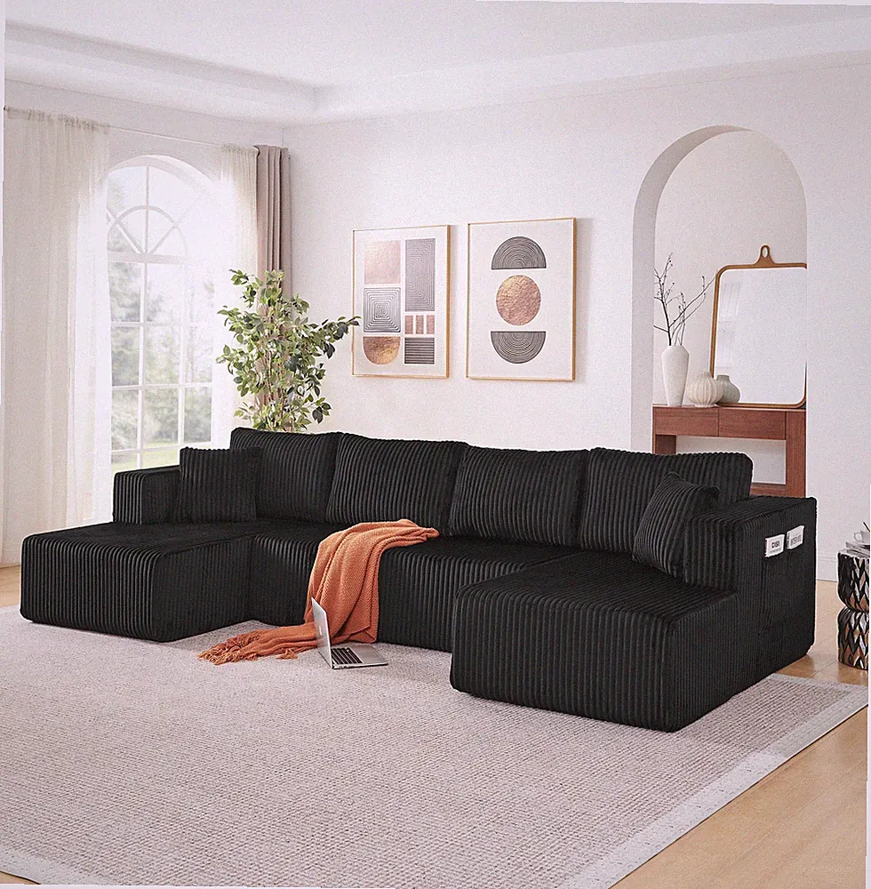 132" U Shaped Modular Sectional Sofa,Comfy Compressed Cloud Couch w/Side Pocket