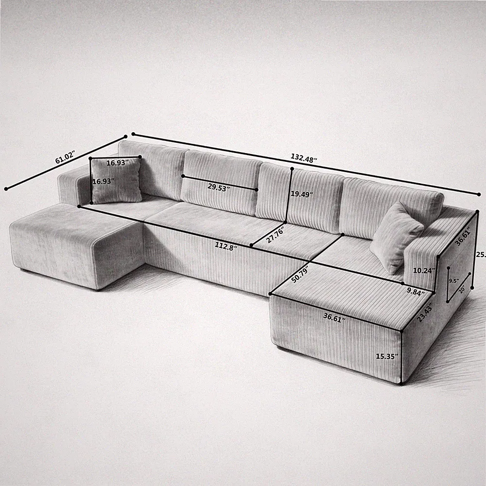 132" U Shaped Modular Sectional Sofa,Comfy Compressed Cloud Couch w/Side Pocket