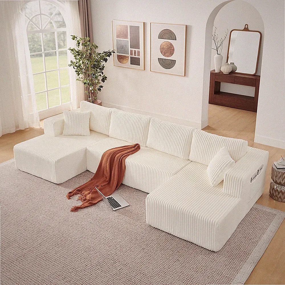 132" U Shaped Modular Sectional Sofa,Comfy Compressed Cloud Couch w/Side Pockets