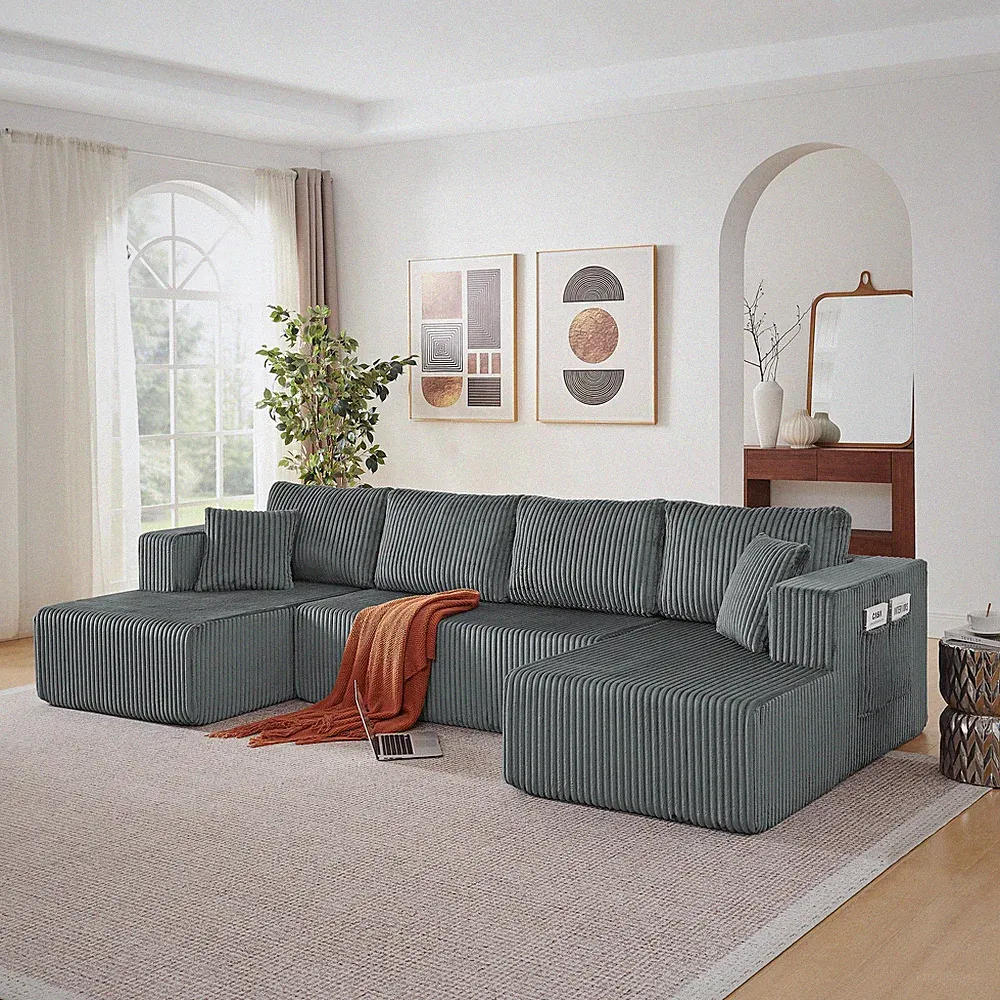 132" U Shaped Modular Sectional Sofa, Comfy Compressed Cloud Couch with Side