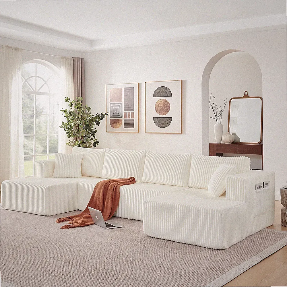 132" U Shaped Modular Sectional Sofa, Comfy Compressed Cloud Couch with Side