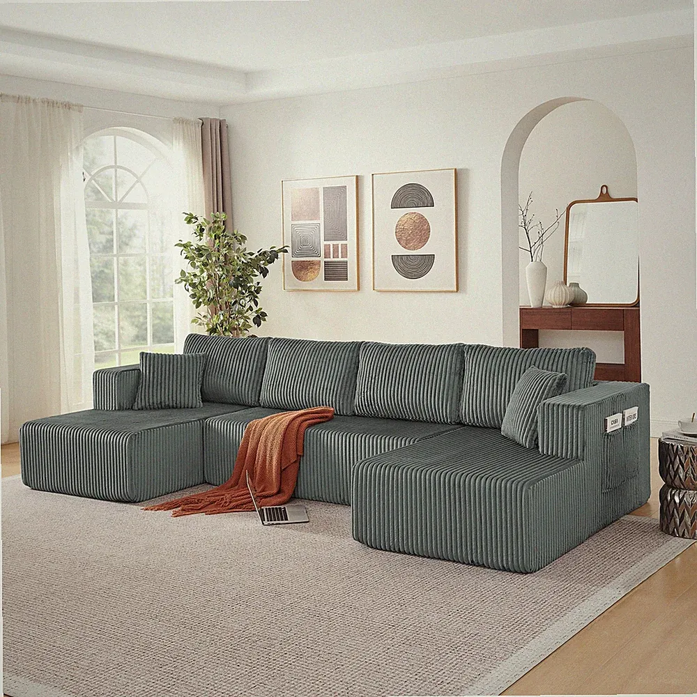132" U Shaped Modular Sectional Sofa, Comfy Compressed Cloud Couch with Side