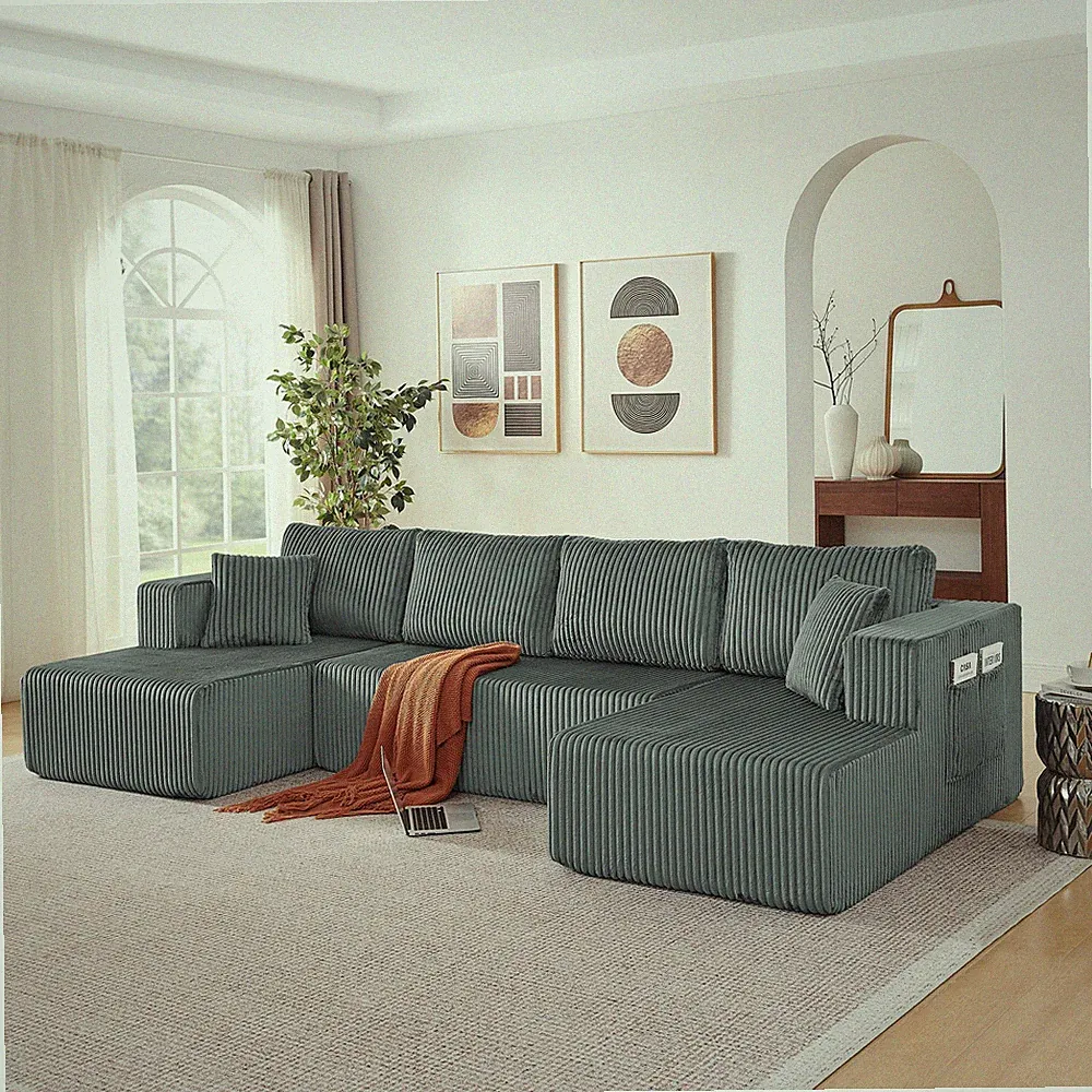 132" U Shaped Modular Sectional Sofa, Comfy Compressed Cloud Couch with Side
