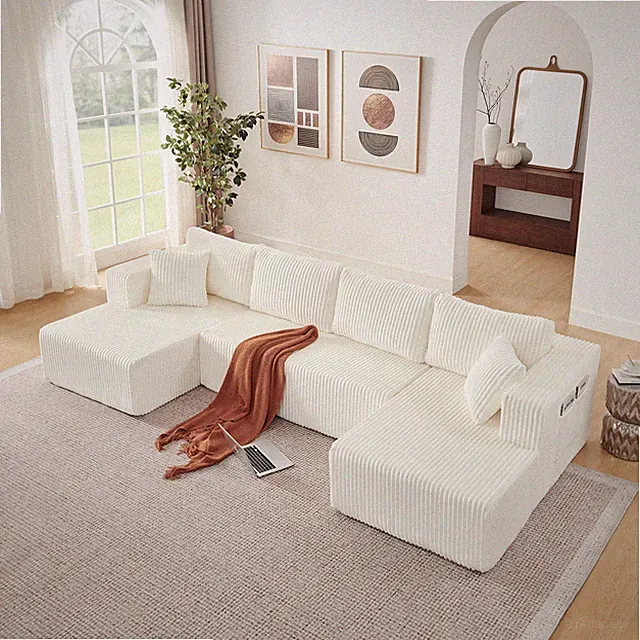 132" U Shaped Modular Sectional Sofa, Comfy Compressed Cloud Couch with Side P