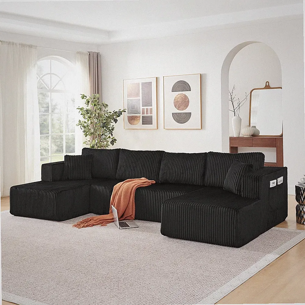 132" U-Shaped Modular Sectional Sofa, Corduroy Memory Foam Sleeper, Black