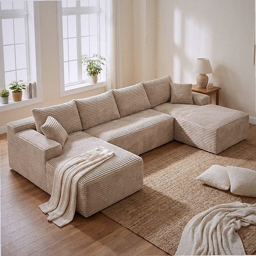 132in Modern U-Shaped Sectional Sofa Corduroy Cloud Sofa Couch for Living Room