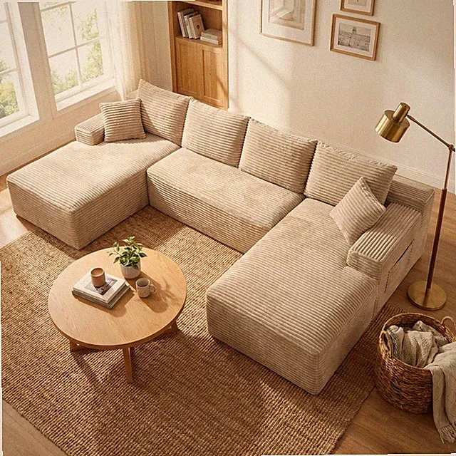 132in U-Shaped Sectional Sofa Corduroy Modular Cloud Couch w/ 2 Pillows 6 Seats