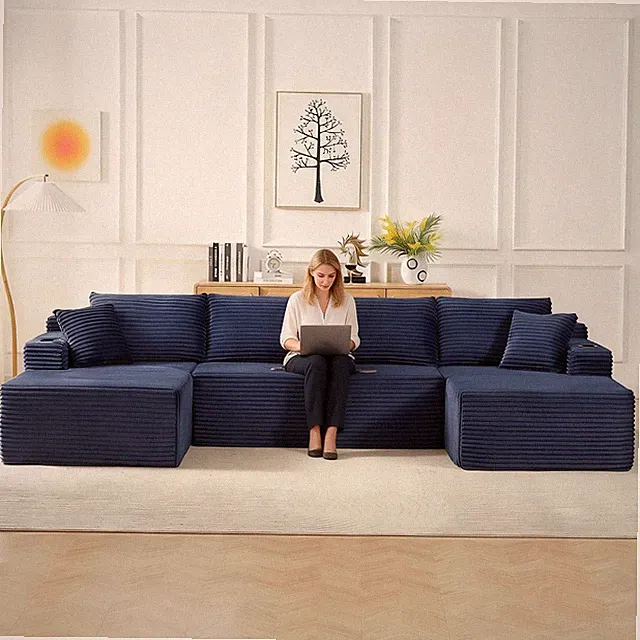 133.5" Oversized U Shape Sectional Sofa Corduroy Modular Chaise Cup Holders Blue
