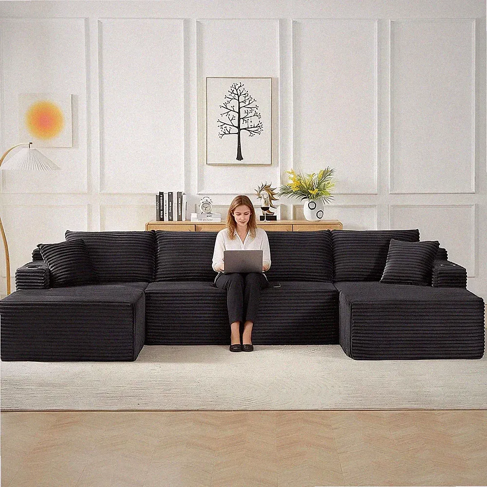 133.5" Oversized U Shaped Sectional Sofa with Chaise Cup Holders Storage