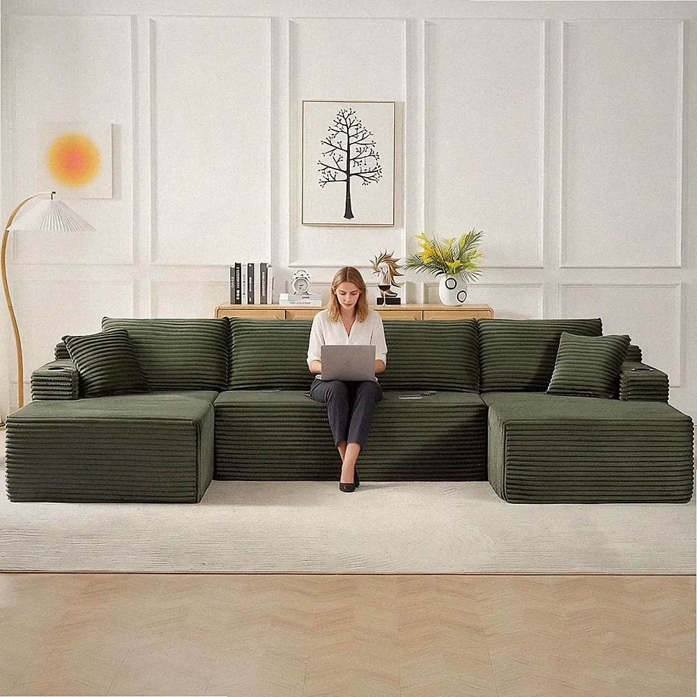 133.5 U-Shape Sectional Corduroy Modular w/Chaise Cup Holders Storage Green