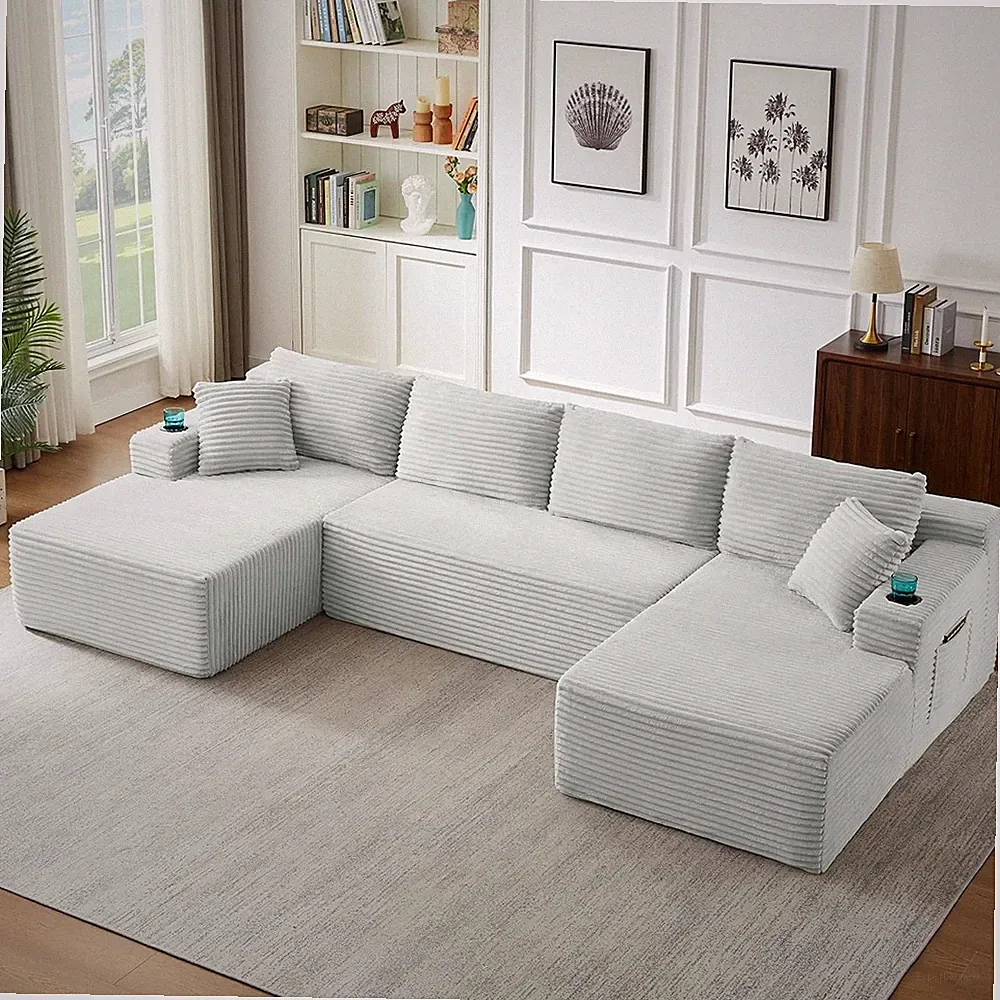 133.5 U Shaped Modular Sectional Sofa Corduroy Chaise Storage Light Grey