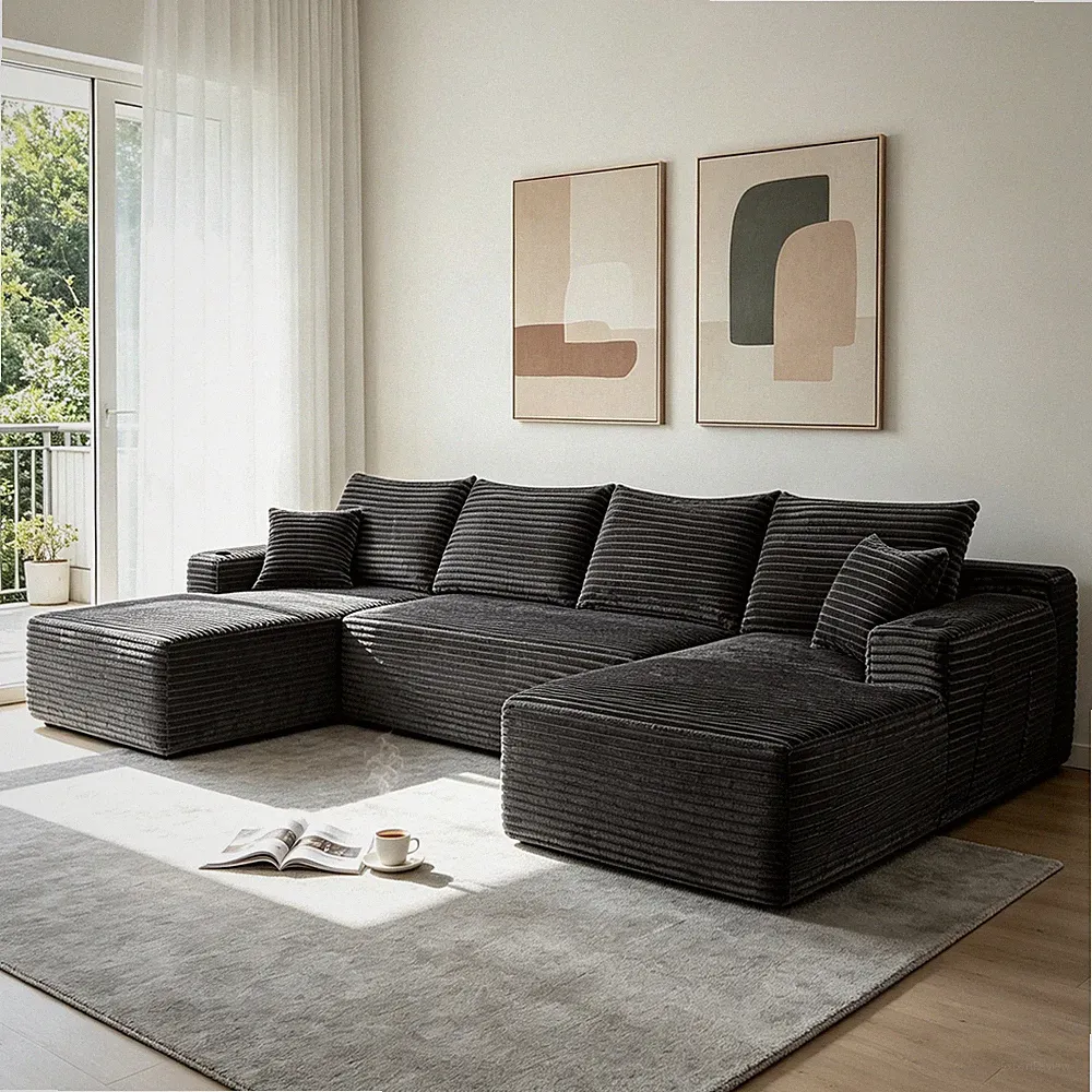 133" Cloud Sectional Sofa w/U-Shape Chaise and Side Pockets and Cup holder ,Mo