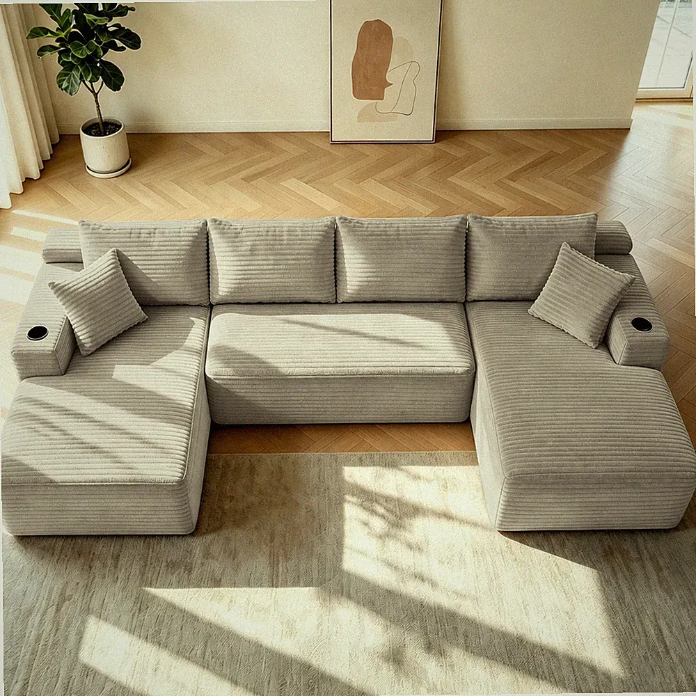133" Cloud Sectional Sofa w/U-Shape Chaise and Side Pockets and Cup holder ,Mod