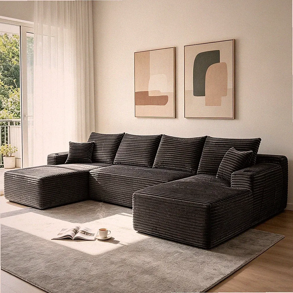 133" Cloud Sectional Sofa w/U-Shape Chaise and Side Pockets and Cup holder ,Mode