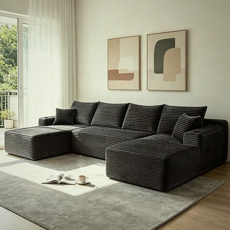 133" Cloud Sectional Sofa with U-Shape Chaise and Side Pockets and Cup