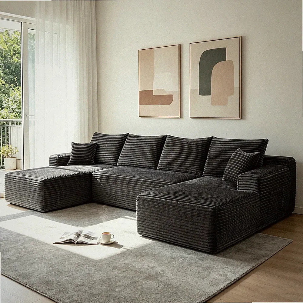 133" Cloud Sectional Sofa with U-Shape Chaise and Side Pockets and Cup holder