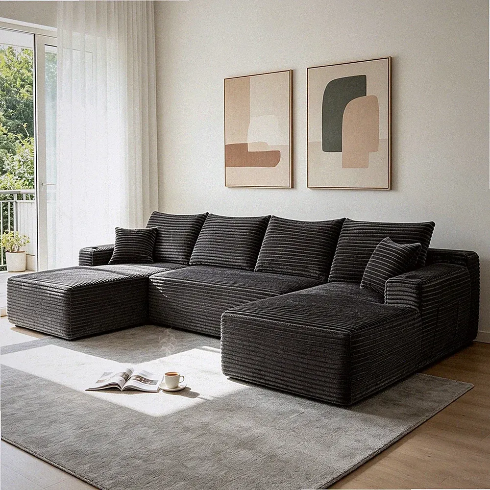 133" Cloud Sectional Sofa with U-Shape Chaise, Side Pockets, Cup Holder