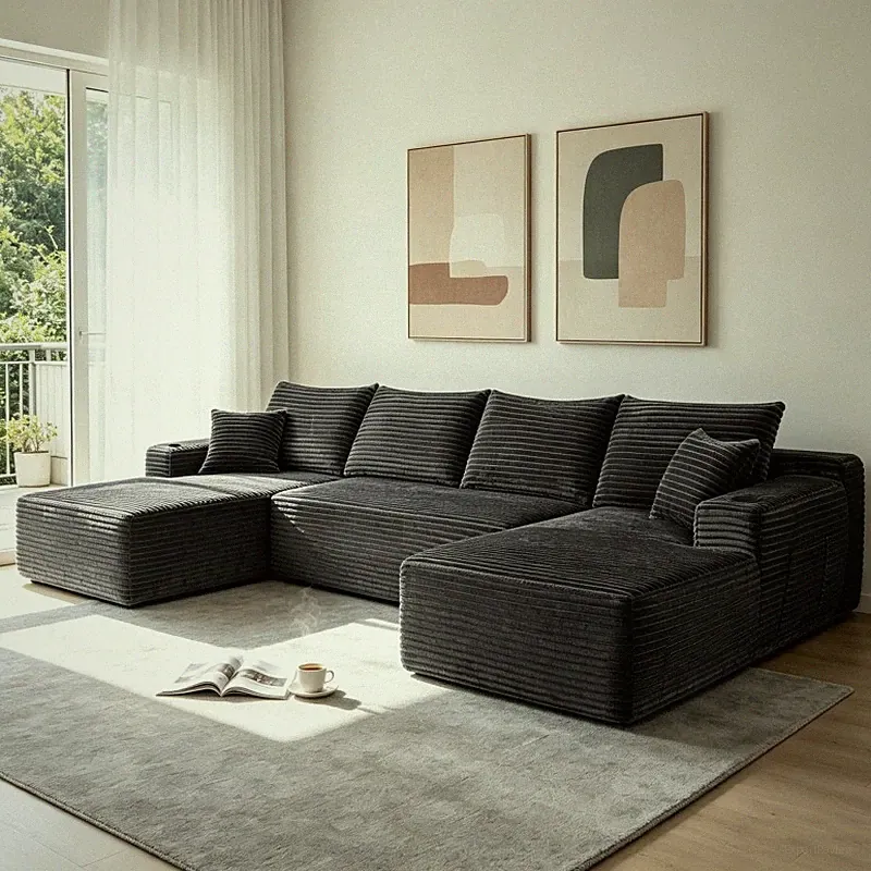 133 Inch Cloud Sectional Sofa U Shape Modular Chaise Corduroy Boneless Grey