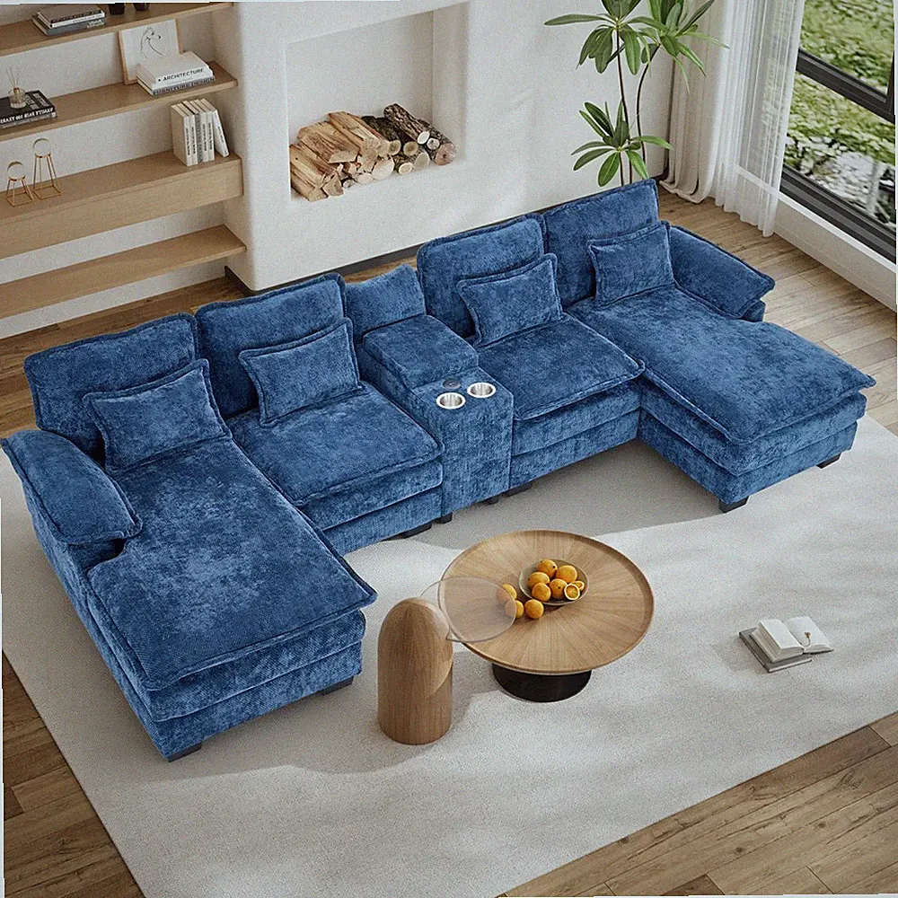 133" U Shaped Chenille Sectional Sofa Double Chaise Deep Seat with USB Console