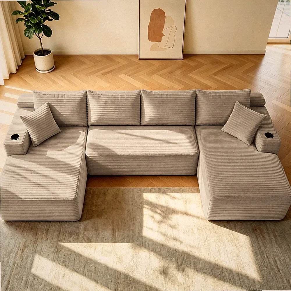 133" U Shaped Cloud Sectional Sofa Extra Deep with Side Pockets and Cup holder