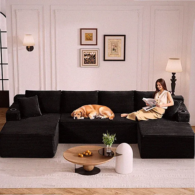 133" U-Shaped Cloud Sofa with Chaise, Cupholders & Storage - Black