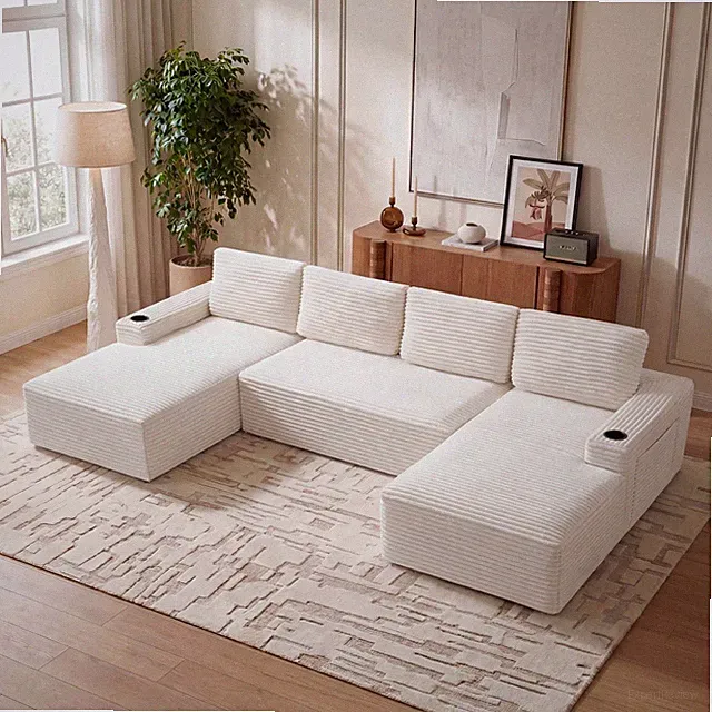 133" U-Shaped Modular Cloud Sofa Corduroy Sectional Couch w/ Cup Holder & Pocket