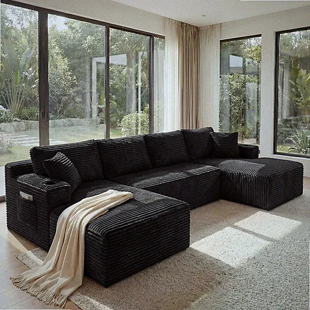 133" U-Shaped Modular Sectional Sofa, Corduroy Boneless Couch, Black