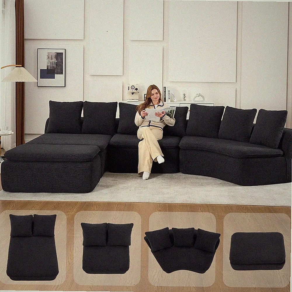133" U-Shaped Modular Sectional Sofa with Recliner Black Chenille