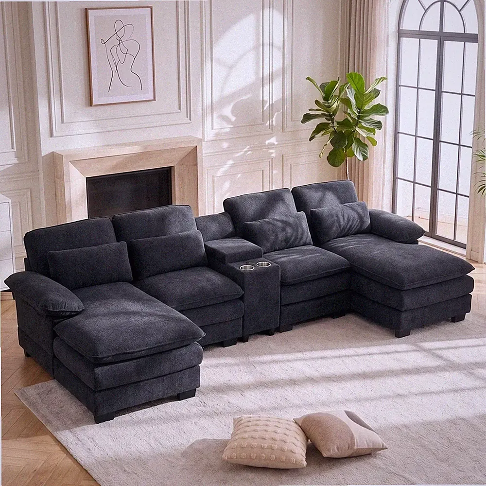 133" U-Shaped Sectional Cloud Couch, 4-Seater Deep Seat Sofa with Storage Consol
