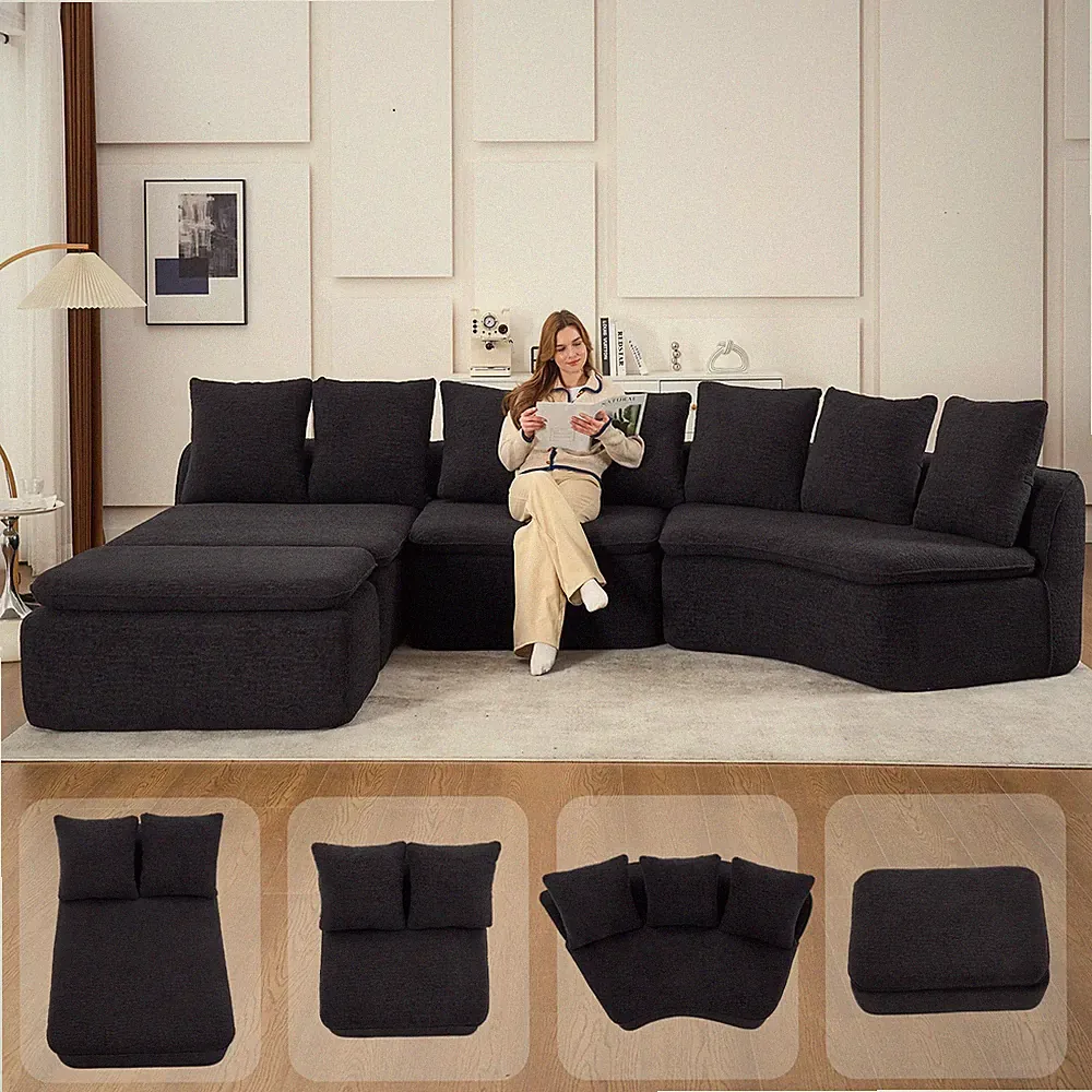 133" U-Shaped Sectional Sofa with Recliner Module Black Chenille