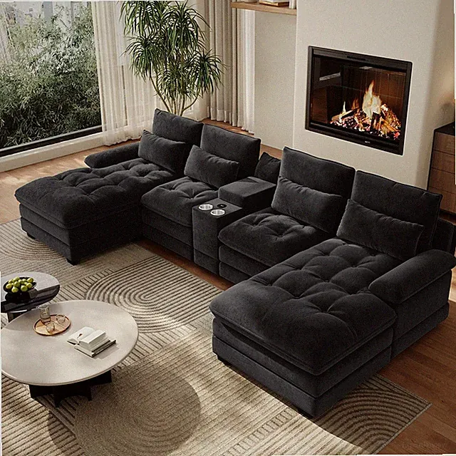 134" 6-Seat U Shaped Sectional Sofa with Storage Console,Cup Holders, USB Port