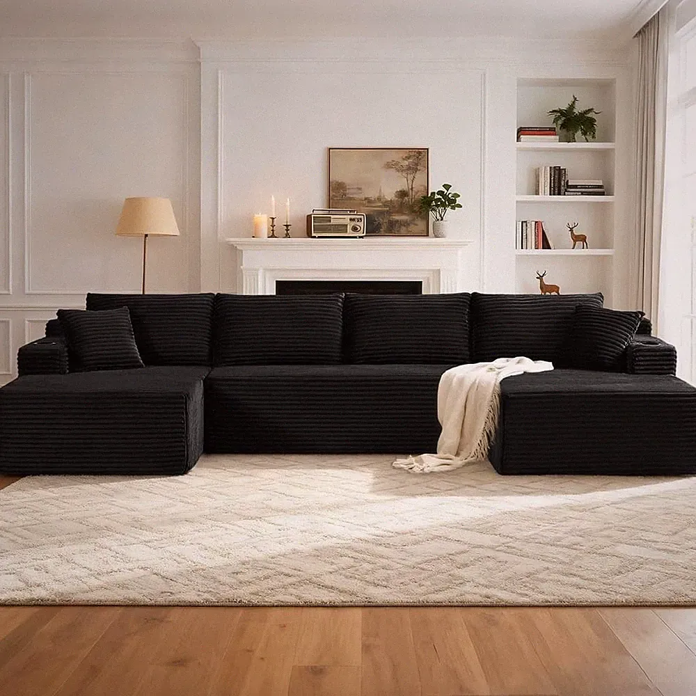 134" Black U Shape Cloud Modular Sectional Sofa Living Room Furniture