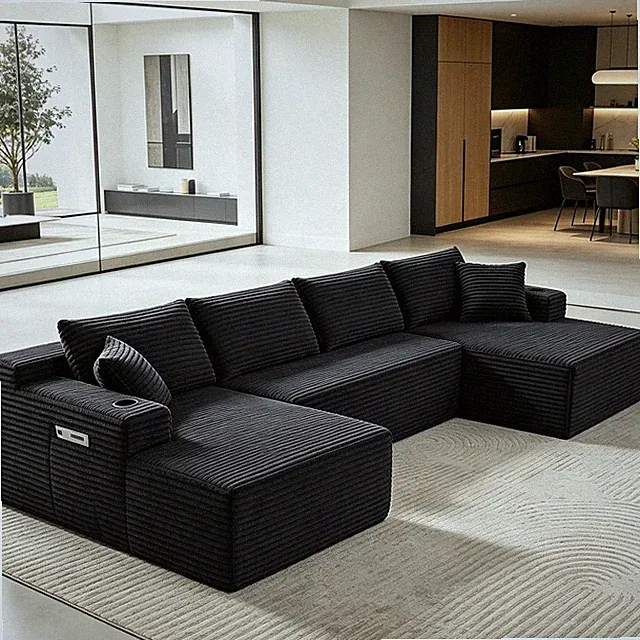 134" Black U Shaped Oversized Cloud Sectional Couch with Cupholders and Storage