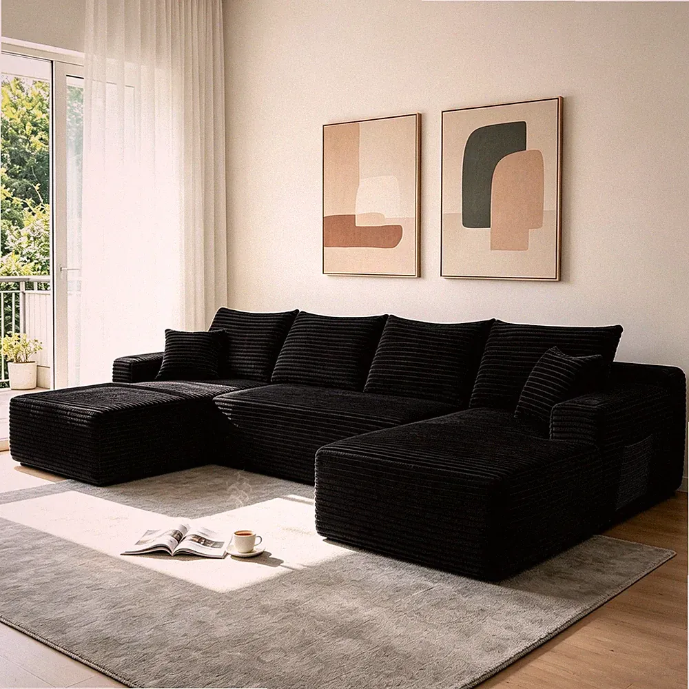 134" Cloud Sectional Sofa U-Shape Chaise Plush Corduroy Black