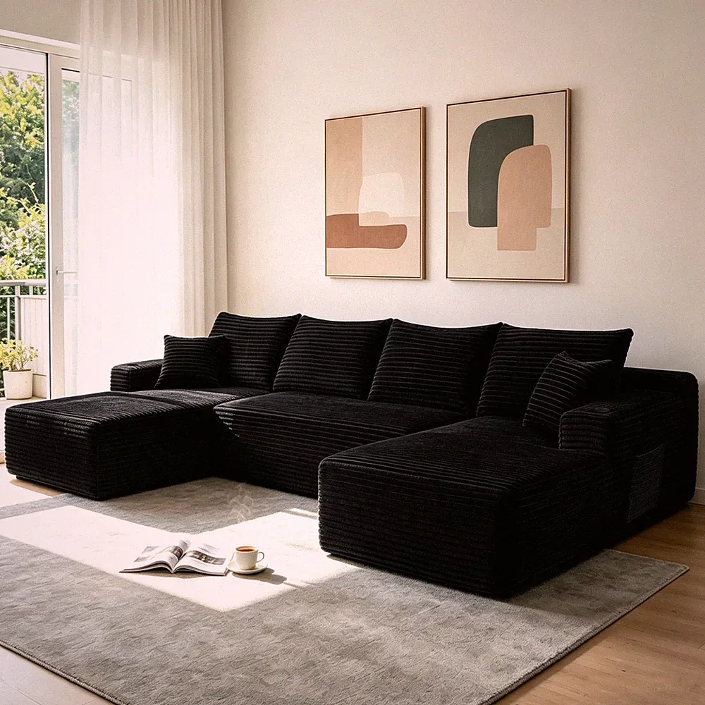 134" Cloud Sectional Sofa U-Shape Chaise Plush Corduroy Black