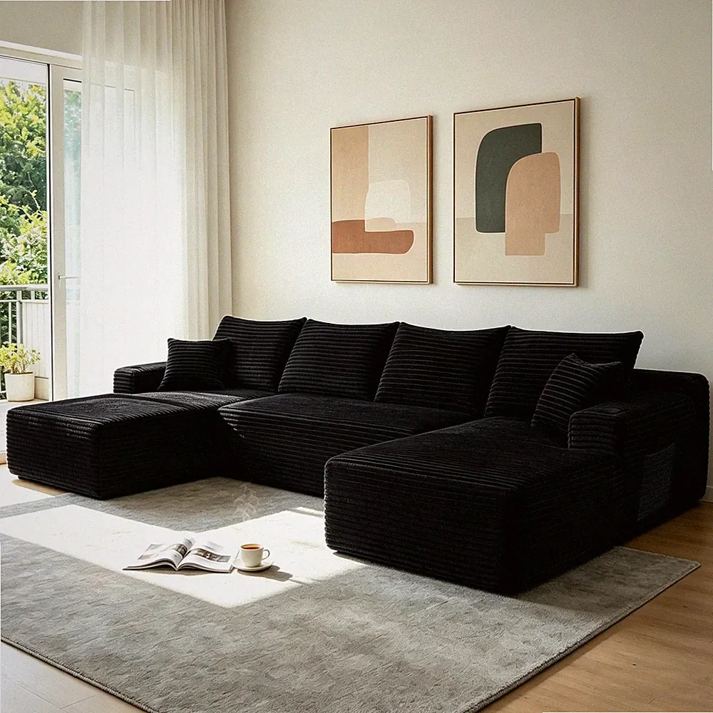134" Cloud Sectional Sofa U-Shape Chaise Plush Corduroy Black