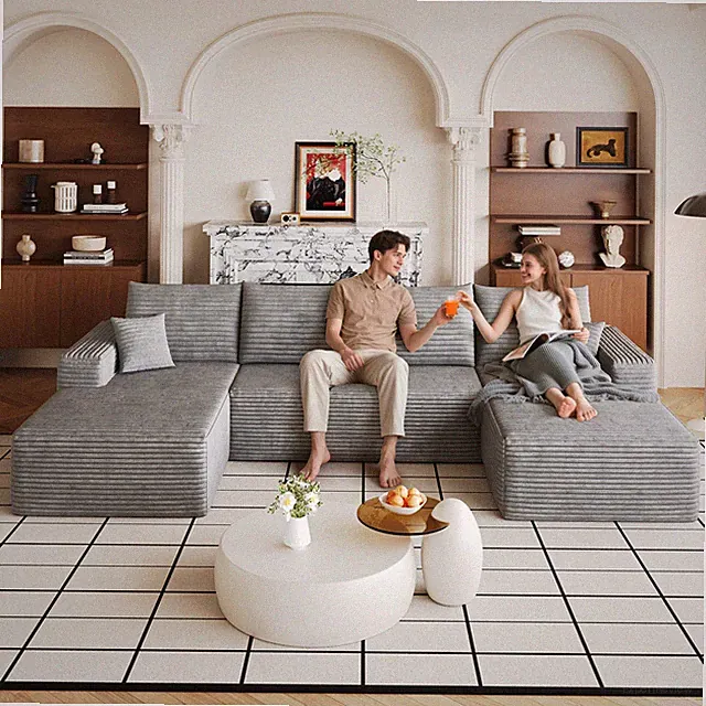 134" Cloud Sectional Sofa, U-Shaped, Plush Corduroy, Grey, No Assembly Required
