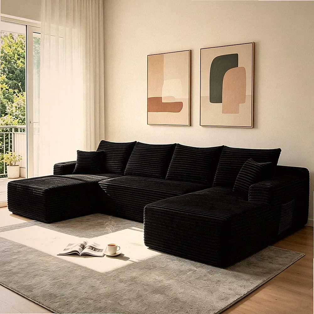 134" Cloud Sectional Sofa w/U-Shape Chaise and Side Pockets and Cup holder